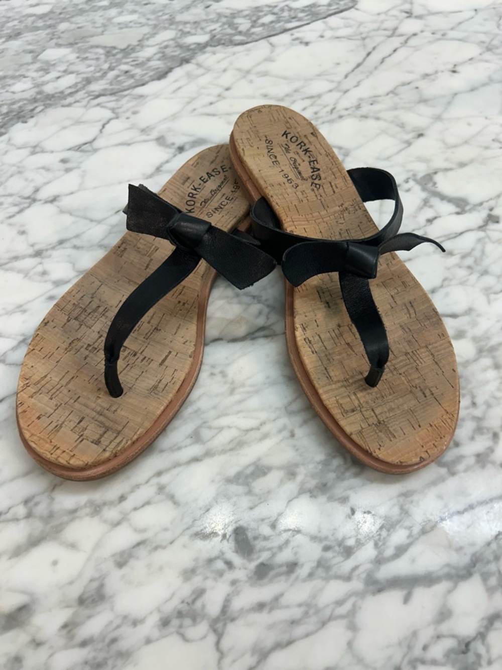 Kork-Ease Leather Black Bow Cork Thong Sandals - Women's
